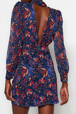 Moda Fit Gündüz Gece Şifon Dokuma Dik Yaka Uzun Kol A-Line Mini Boy Elbise