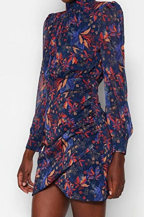 Moda Fit Gündüz Gece Şifon Dokuma Dik Yaka Uzun Kol A-Line Mini Boy Elbise