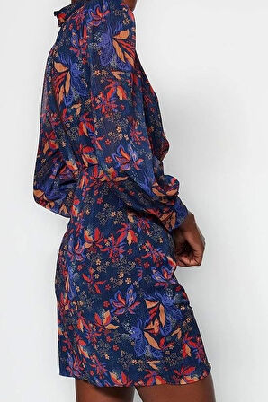 Moda Fit Gündüz Gece Şifon Dokuma Dik Yaka Uzun Kol A-Line Mini Boy Elbise