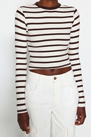 Moda Bisiklet Yaka Örme Slim Çizgili Desen Casual Günlük Crop Uzun Kol Bluz