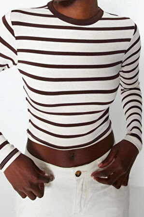 Moda Bisiklet Yaka Örme Slim Çizgili Desen Casual Günlük Crop Uzun Kol Bluz