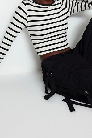 Moda Bisiklet Yaka Örme Slim Çizgili Desen Casual Günlük Crop Uzun Kol Bluz