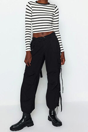 Moda Bisiklet Yaka Örme Slim Çizgili Desen Casual Günlük Crop Uzun Kol Bluz