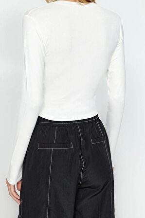 Moda Bisiklet Yaka Örme Slim Düz Desen Casual Günlük Crop Uzun Kol Bluz