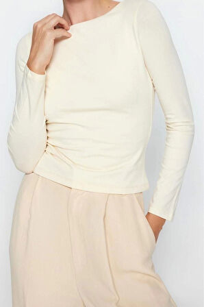 Moda Kayık Yaka Örme Slim Düz Desen Casual Günlük Crop Uzun Kol Bluz