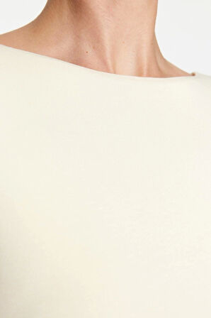 Moda Kayık Yaka Örme Slim Düz Desen Casual Günlük Crop Uzun Kol Bluz