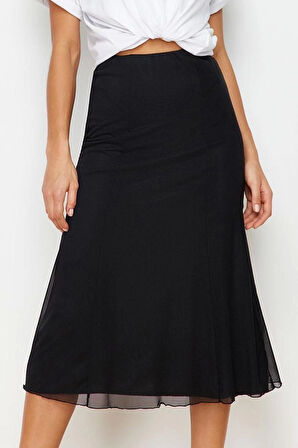 Moda Regular Düz Desen Günlük Maxi Boy Astarlı Tül Midi Örme Etek