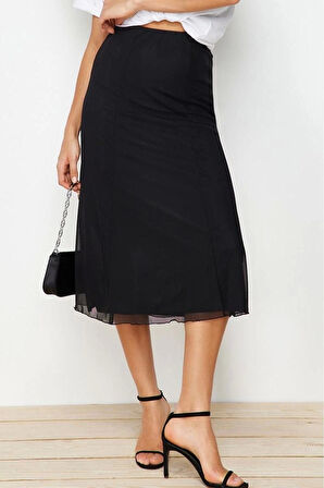 Moda Regular Düz Desen Günlük Maxi Boy Astarlı Tül Midi Örme Etek