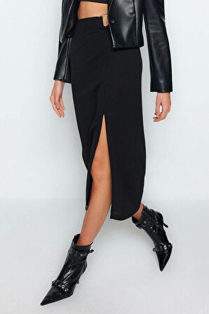 Moda Slim Düz Desen Şık Gece Maxi Boy Krep Tokalı Yırtmaç detaylı Maxi Yüksek Bel Esnek Örme Etek