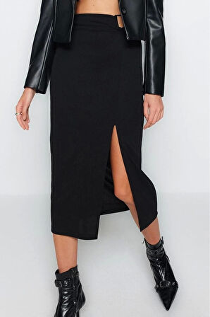 Moda Slim Düz Desen Şık Gece Maxi Boy Krep Tokalı Yırtmaç detaylı Maxi Yüksek Bel Esnek Örme Etek