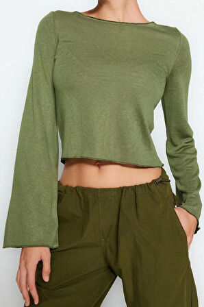 Stil Kadın Fit Bluz Crop Örme Regular Kalıp İspanyol Kol