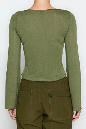Stil Kadın Fit Bluz Crop Örme Regular Kalıp İspanyol Kol