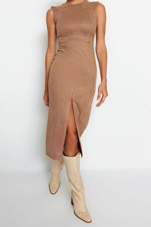 Moda Fit Gündüz Gece Süet Dokuma Bisiklet Yaka Kolsuz Kol Bodycone Midi Boy Elbise