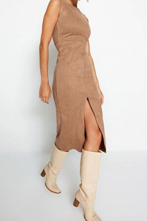 Moda Fit Gündüz Gece Süet Dokuma Bisiklet Yaka Kolsuz Kol Bodycone Midi Boy Elbise