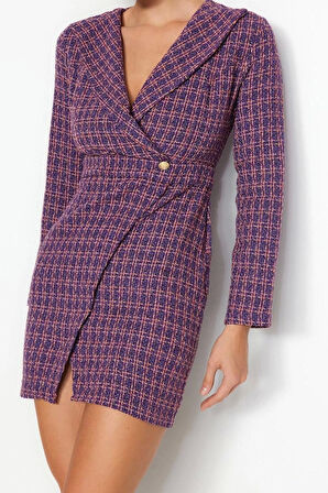 Moda Regular Business Tüvit Dokuma Ceket Yaka Uzun Kol Ceket Elbise Mini Boy Elbise