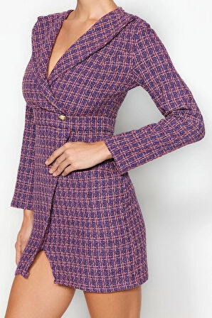 Moda Regular Business Tüvit Dokuma Ceket Yaka Uzun Kol Ceket Elbise Mini Boy Elbise