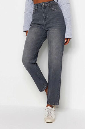 Stil Kadın Moda Denim Kot Pantolon Regular Dar Paça Mavi Yüksek Bel Mom Jeans