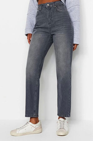 Stil Kadın Moda Denim Kot Pantolon Regular Dar Paça Mavi Yüksek Bel Mom Jeans