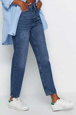 Stil Kadın Moda Denim Kot Pantolon Regular Dar Paça Mavi Yüksek Bel Mom Jeans