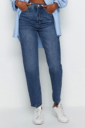 Stil Kadın Moda Denim Kot Pantolon Regular Dar Paça Mavi Yüksek Bel Mom Jeans