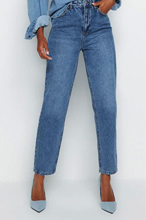 Stil Kadın Moda Denim Kot Pantolon Regular Dar Paça Mavi Yüksek Bel Mom Jeans