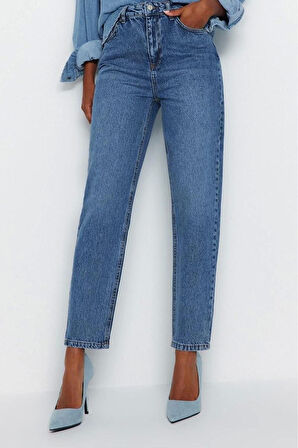 Stil Kadın Moda Denim Kot Pantolon Regular Dar Paça Mavi Yüksek Bel Mom Jeans