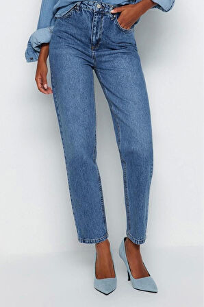 Stil Kadın Moda Denim Kot Pantolon Regular Dar Paça Mavi Yüksek Bel Mom Jeans
