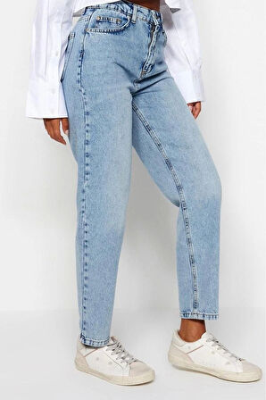 Stil Kadın Moda Denim Kot Pantolon Regular Dar Paça Mavi Yüksek Bel Mom Jeans