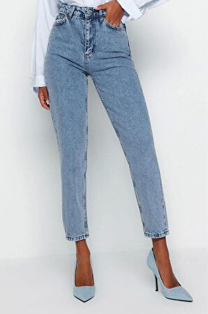 Stil Kadın Moda Denim Kot Pantolon Uzun Geniş Paça Yüksek Bel Mom Jeans