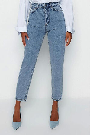 Stil Kadın Moda Denim Kot Pantolon Uzun Geniş Paça Yüksek Bel Mom Jeans