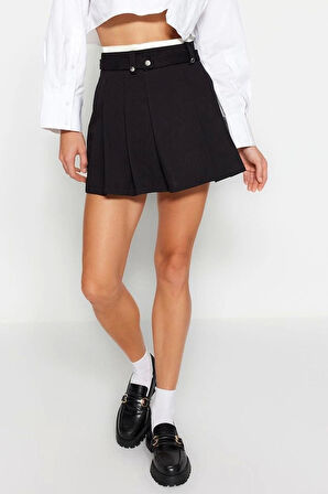 Moda Regular Düz Desen Günlük Mini Boy Çift Kemer Detaylı Pileli Mini Dokuma Etek