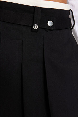 Moda Regular Düz Desen Günlük Mini Boy Çift Kemer Detaylı Pileli Mini Dokuma Etek