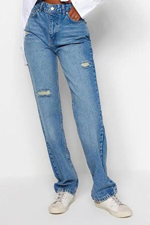 Stil Kadın Moda Denim Kot Pantolon Uzun Geniş Paça Antrasit Yırtıklı Yüksek Bel Uzun Jeans