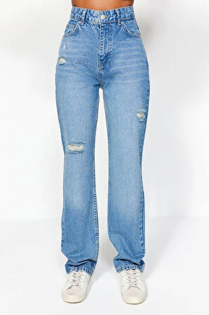 Stil Kadın Moda Denim Kot Pantolon Uzun Geniş Paça Antrasit Yırtıklı Yüksek Bel Uzun Jeans