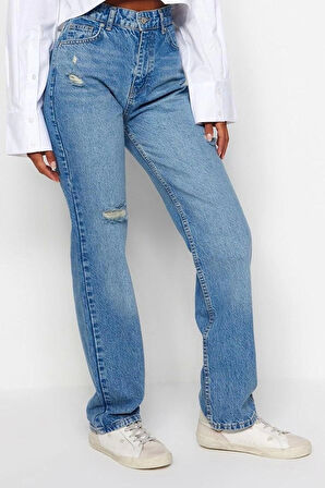 Stil Kadın Moda Denim Kot Pantolon Uzun Geniş Paça Antrasit Yırtıklı Yüksek Bel Uzun Jeans