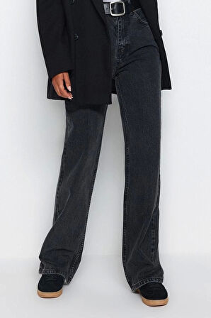 Stil Kadın Moda Denim Kot Pantolon Uzun Geniş Paça Antrasit Yüksek Bel Jeans