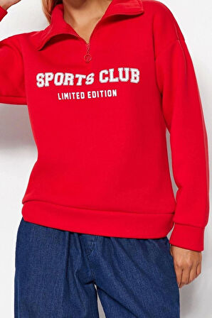 Bol Fermuarlı Yaka Düşük Kol Uzun Normal Kalıp Sloganlı Fermuarlı Kalın İçi Polarlı Sweatshirt