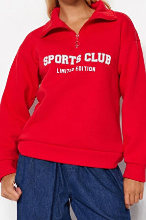 Bol Fermuarlı Yaka Düşük Kol Uzun Normal Kalıp Sloganlı Fermuarlı Kalın İçi Polarlı Sweatshirt