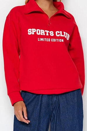 Bol Fermuarlı Yaka Düşük Kol Uzun Normal Kalıp Sloganlı Fermuarlı Kalın İçi Polarlı Sweatshirt
