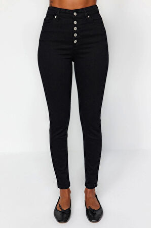 Stil Kadın Moda Denim Kot Pantolon Regular Dar Paça Solmayan Düğmeli Yüksek Bel Skinny Jeans