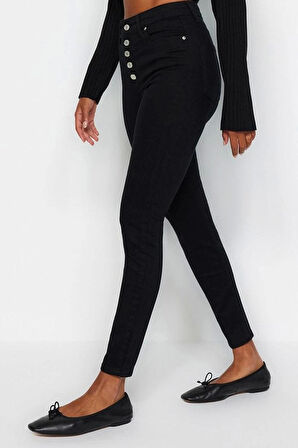 Stil Kadın Moda Denim Kot Pantolon Regular Dar Paça Solmayan Düğmeli Yüksek Bel Skinny Jeans