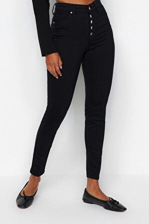 Stil Kadın Moda Denim Kot Pantolon Regular Dar Paça Solmayan Düğmeli Yüksek Bel Skinny Jeans