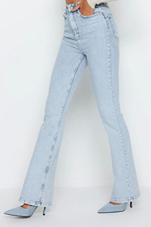 Stil Kadın Moda Denim Kot Pantolon Uzun İspanyol Paça Yüksek Bel Jeans