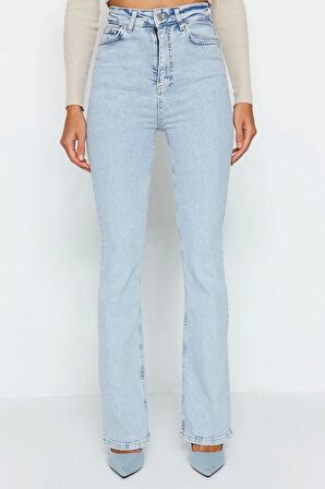 Stil Kadın Moda Denim Kot Pantolon Uzun İspanyol Paça Yüksek Bel Jeans