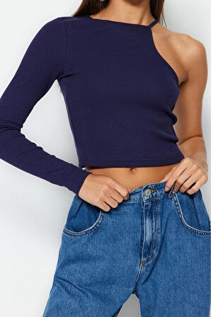 Moda Bisiklet Yaka Örme Slim Düz Desen Casual Günlük Crop Uzun Kol Bluz