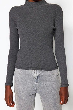 Moda Dik Yaka Örme Slim Düz Desen Casual Günlük Regular Uzun Kol Bluz