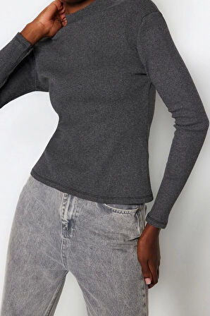 Moda Dik Yaka Örme Slim Düz Desen Casual Günlük Regular Uzun Kol Bluz