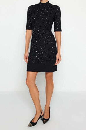 Moda Slim Business İnterlok Örme Bisiklet Yaka Kısa Kol Bodycone Mini Boy Elbise