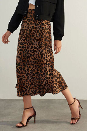 Moda Regular Animal Desen Resmi Midi Boy Premium Yüksek Kalite Hayvan Desenli Saten Midi Dokuma Etek