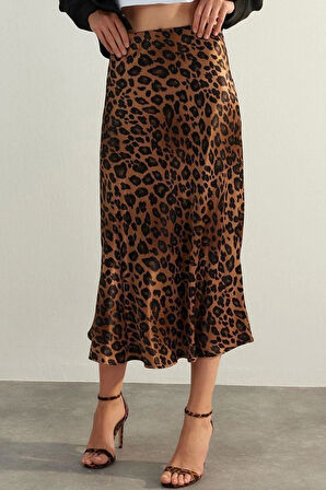 Moda Regular Animal Desen Resmi Midi Boy Premium Yüksek Kalite Hayvan Desenli Saten Midi Dokuma Etek